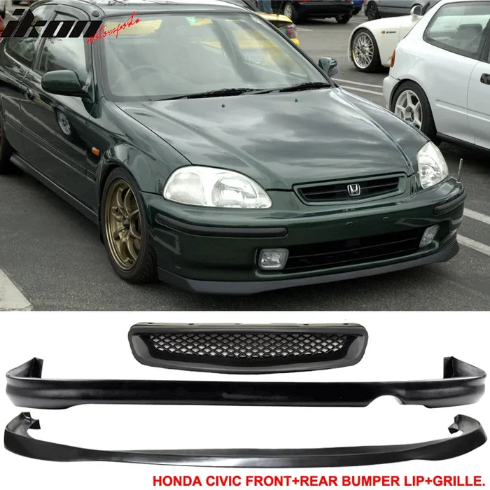 Fits Honda Civic 96-98 2 SIR Front Rear Bumper Lip + T-R Front Grille